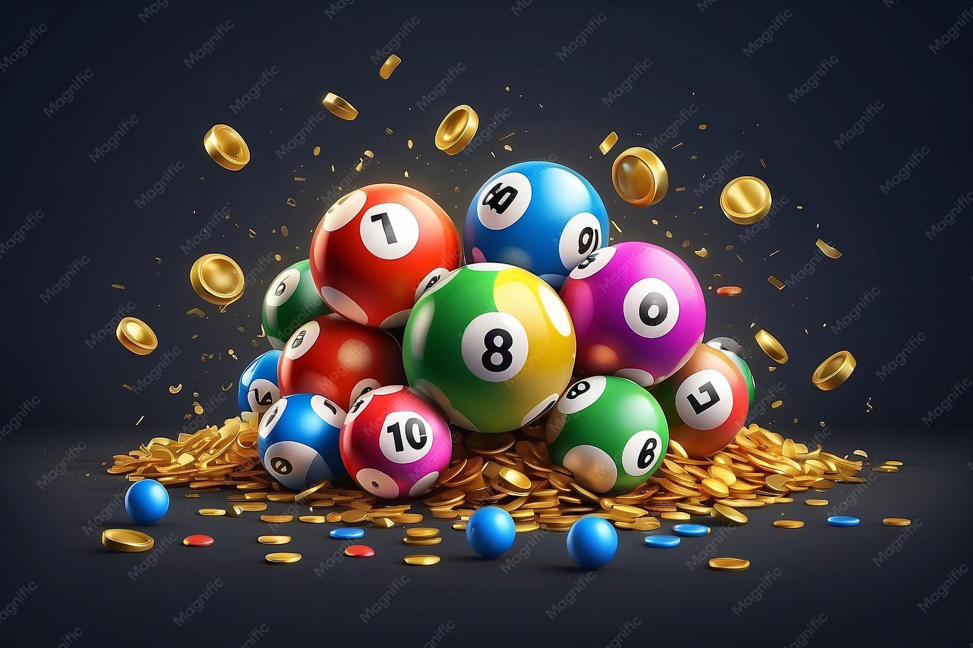 Colourful lotto balls and gold coins celebrating the Innishvilla Restricted Members Draw